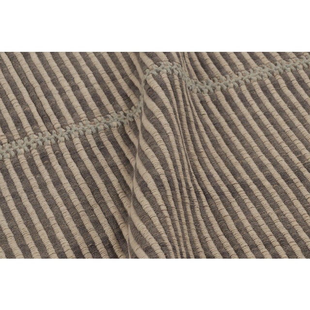 Rug & Kilim’s Textural Accent Kilim, Square Rug in Greige and Light-Blue Stripes For Sale In New York - Image 6 of 7