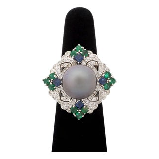 Art Deco Style 18k White Gold, Pearl, Multicolor Gemstone, and Diamond Ring For Sale