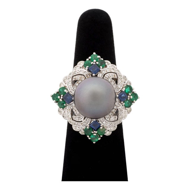 Art Deco Style 18k White Gold, Pearl, Multicolor Gemstone, and Diamond Ring For Sale