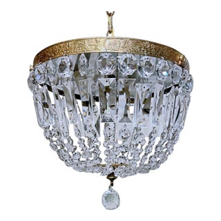 Vintage Hollywood Regency Neoclassical Brass Tiered Crystal Basket Chandelier For Sale