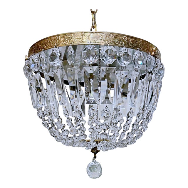Vintage Hollywood Regency Neoclassical Brass Tiered Crystal Basket Chandelier For Sale