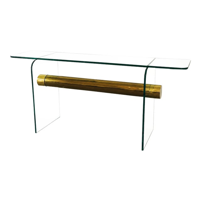 Vintage 1970s Pace Glass Console Table With Suspended Brass Beam Mid Century Modern For Sale