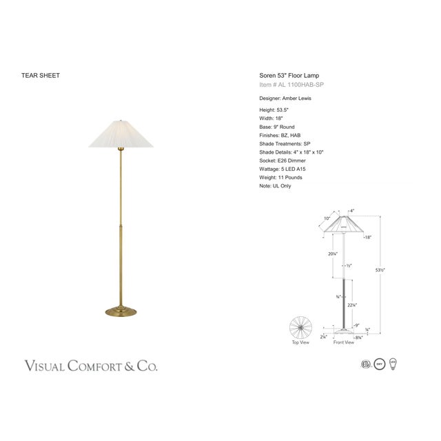 Amber Lewis by Visual Comfort Signature Soren 53" Floor Lamp in Hand-Rubbed Antique Brass with Silk Pleated Shade...