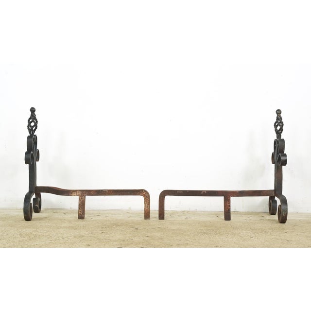 Metal Pair of Antique French Wrought Iron Andirons For Sale - Image 7 of 9