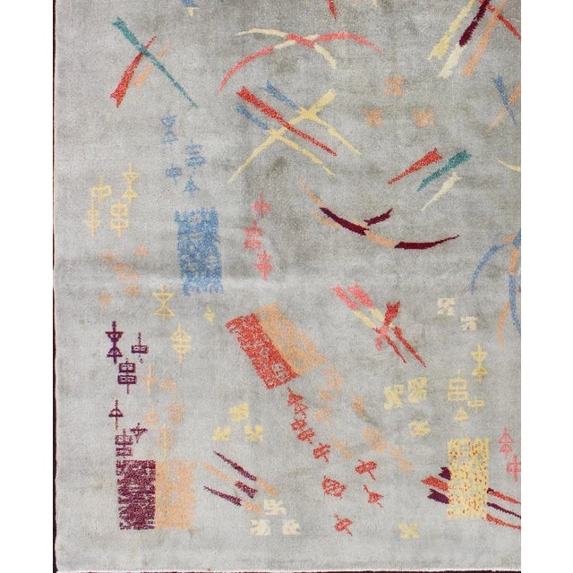 Mid Century Modern Rug With Abstract Design in Light Gray and Multi Colors For Sale - Image 4 of 6