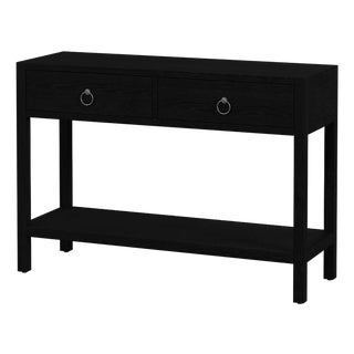 Lark 44 in. W Rectangular Wood 2 Drawer Console Table with Lower Open Shelf, Washed Black For Sale