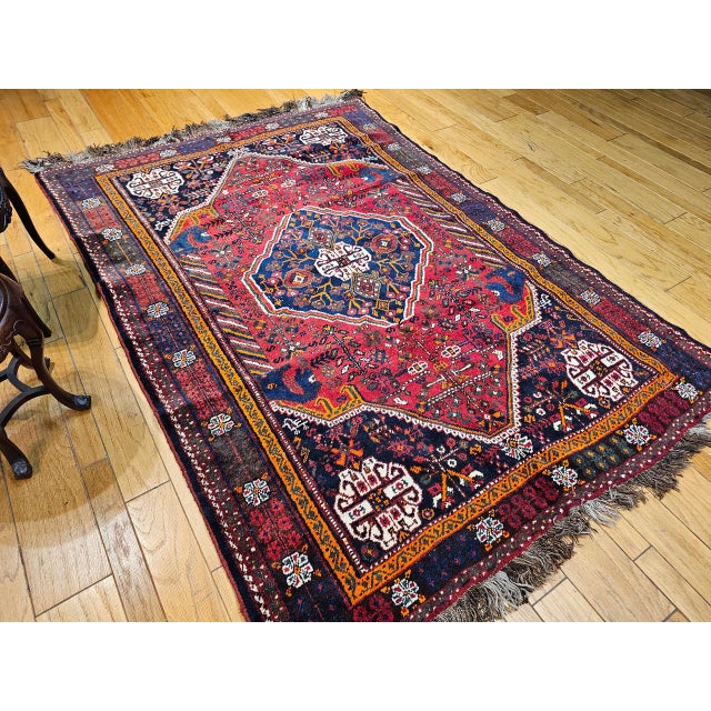 1900 - 1909 Vintage Persian Qashqai Tribal Area Rug, Hand-Knotted Wool, Vegetable Dye, Geometric Medallions, 6x8, Red & Navy For Sale - Image 5 of 15