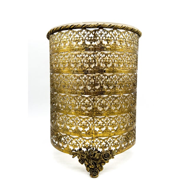 French Country Vintage Brass Filigree Wastebasket With Rose Motif & Acrylic Liner – Hollywood Regency / Romantic For Sale - Image 3 of 14