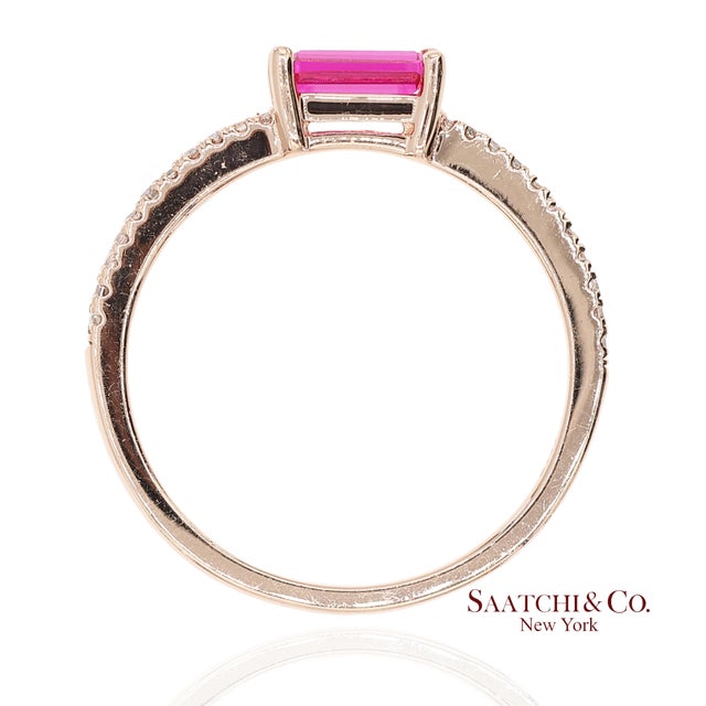 Early 21st Century 14k 585 Solid Rose Gold Pink Baguette Cut Stone and Natural Diamond Ring, Size 6 For Sale - Image 5 of 12