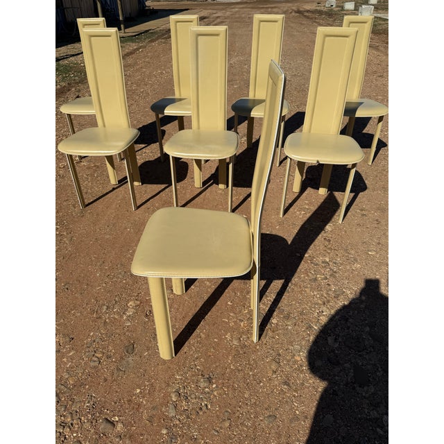 1980s Set of 8 Biege Leather Postmodern Dining Chairs For Sale - Image 11 of 12
