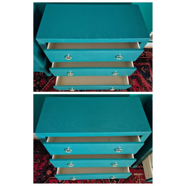 Green Hollywood Regency Green Painted 3-Drawer Chests Nightstands Credenza, a Pair For Sale - Image 8 of 12