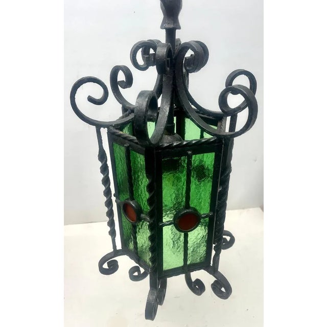 Arts & Crafts Forget and Colored Glass Pendant Lobby Lamp, 1930s For Sale - Image 10 of 11