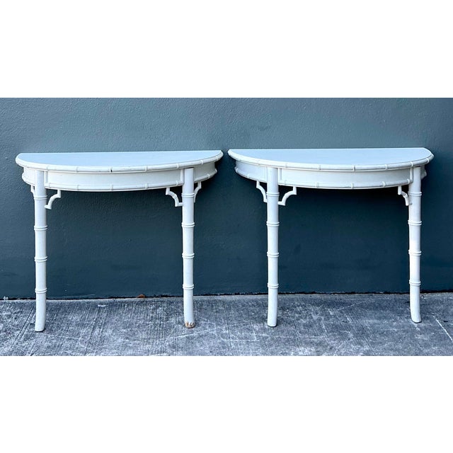 Mid-Century Modern Vintage Faux Bamboo Wall Mount Demilune Console Tables - A Pair For Sale - Image 3 of 12