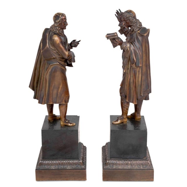 Pair of French Patinated Bronze Sculptures of "Moliere" and "Cornielle", late 19th century, each standing playwright on a...