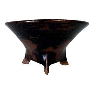 Vintage Organic Brown Glazed Studio Pottery Bowl on Four Legs — Signed Jm For Sale