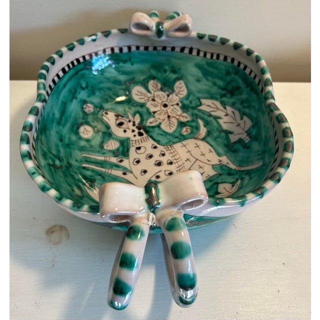 Vintage Italian Vietri Earthenware Pottery Handpainted Leaping Deer Emerald Green Salad Service for 8 For Sale - Image 4 of 12
