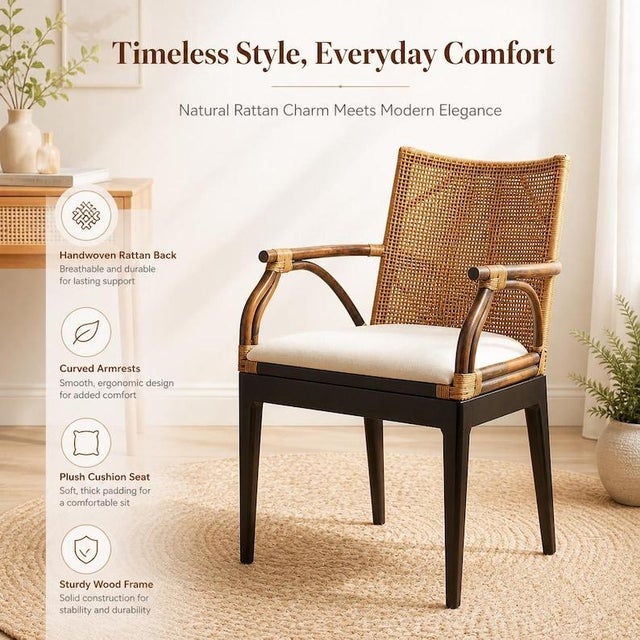 Brown Rattan Arm Chair, Solid Mahogany Frame, Woven Backrest, Cotton Cushion, Tropical Accent Chair For Sale - Image 8 of 12