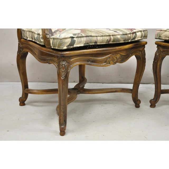 Vintage French Country Louis XV Style Upholstered Cane Lounge Arm Chairs - Pair For Sale - Image 4 of 12