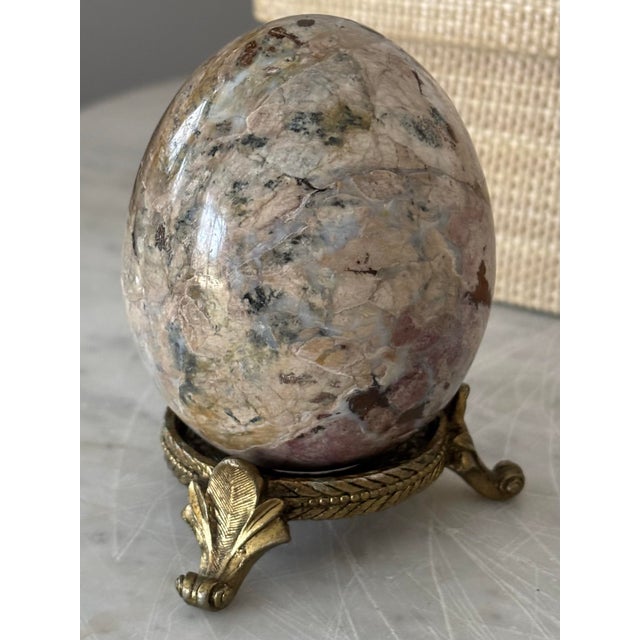 Campaign Vintage Jasper Stone Egg on Brass Stand With Scroll Feet For Sale - Image 3 of 6