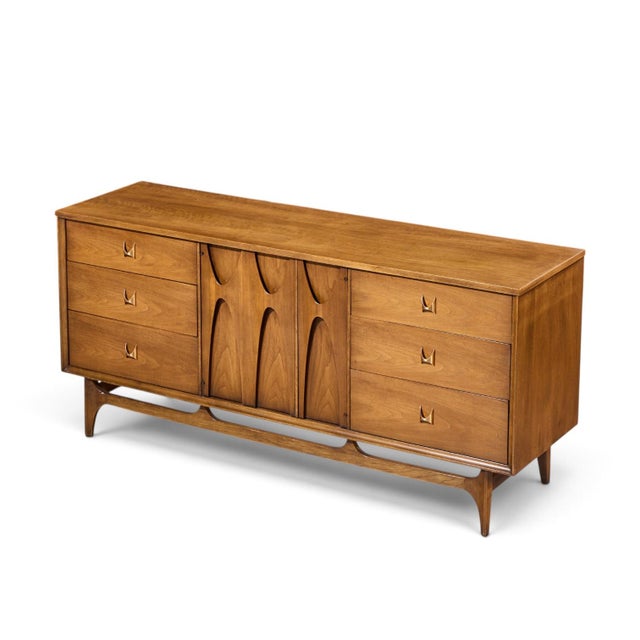 Broyhill Brasilia Mid Century Walnut and Brass 9 Drawer Lowboy Dresser For Sale - Image 9 of 9