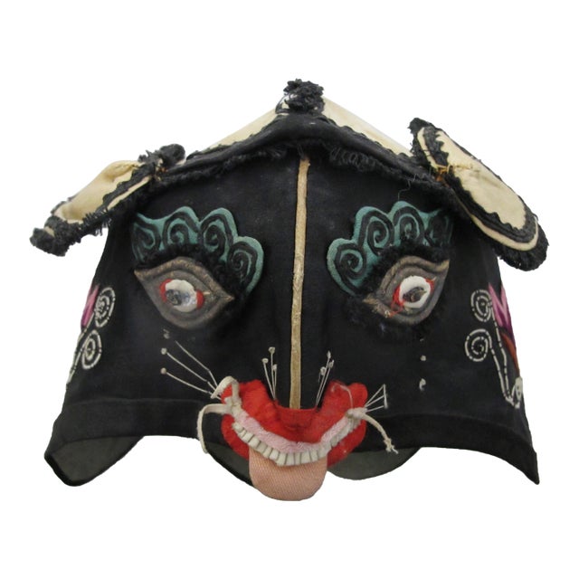 Antique Chinese Child Silk Embroidered Protective Tiger Rat Festival Hat For Sale