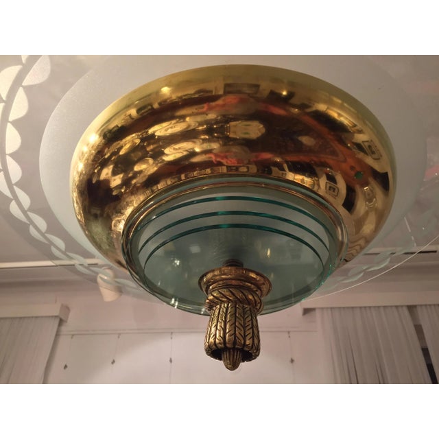 Art Deco Ceiling Lamp in Brass and Patterned Glass For Sale - Image 3 of 5
