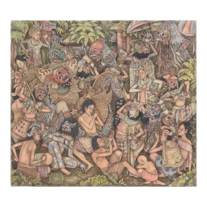 Barong Mask Dance - Vintage Balinese Ubud Painting by Kt Sunu