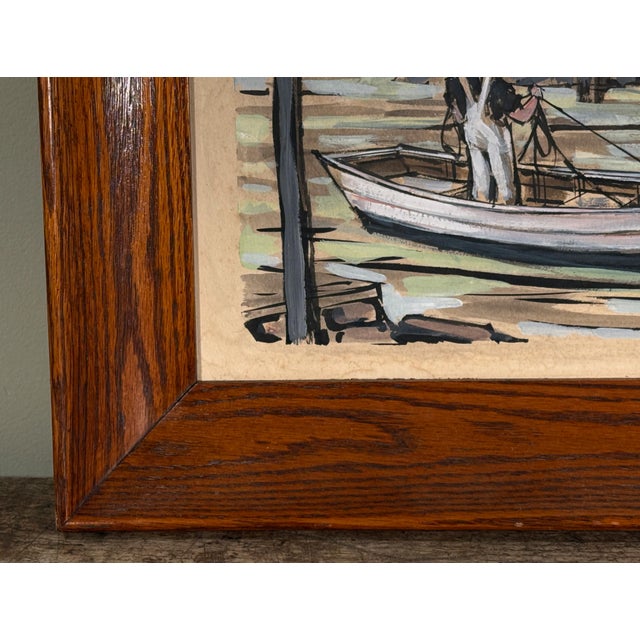 Vintage 1960's John Day "Wickford Shipyard" Rhode Island Harbor Scene Painting For Sale - Image 4 of 8