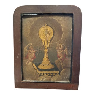 19th-Century Mexican Retablo of the Monstrance With Cherubs – Tin Panel in Original Wood Frame For Sale