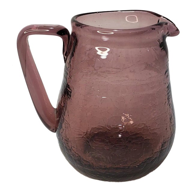 Mid Century Pilgrim Amethyst Crackle Glass Pitcher For Sale