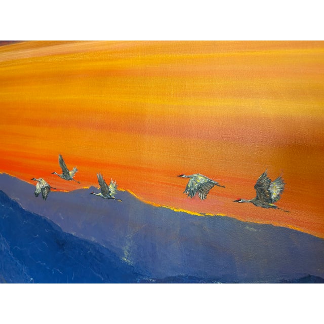 Paint Large Contemporary Oil Painting Cranes Over Sunset 48x48” For Sale - Image 7 of 17