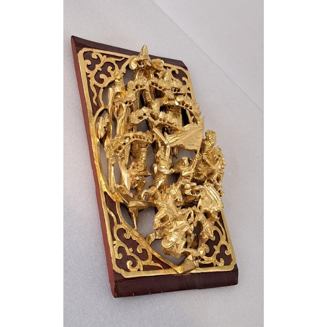 Vintage Chinese Gilt Lacquer Wood Wall Panel Deep Carving Warriors Battle Scene For Sale - Image 4 of 11