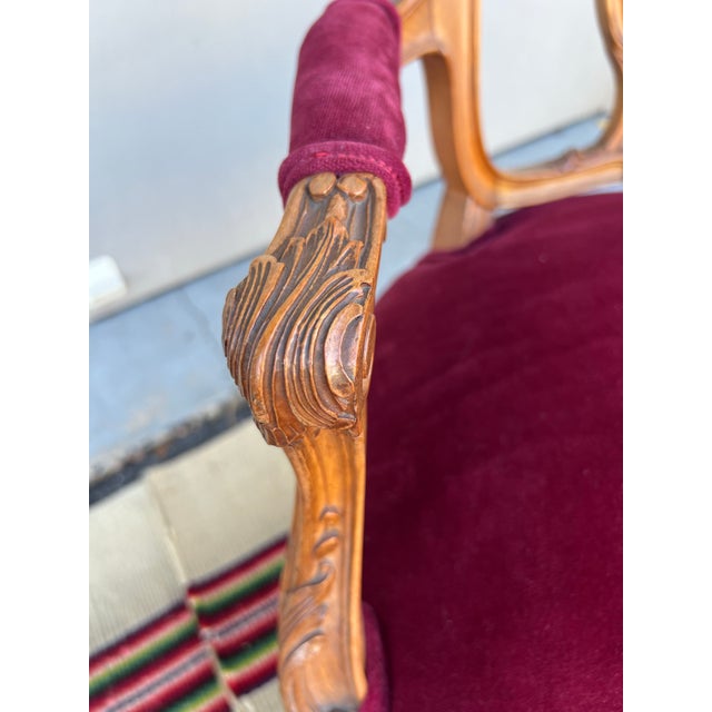 Pair of French Louis XV Style Carved Fruitwood Bergere Arm Chairs, 1950’s For Sale - Image 4 of 12