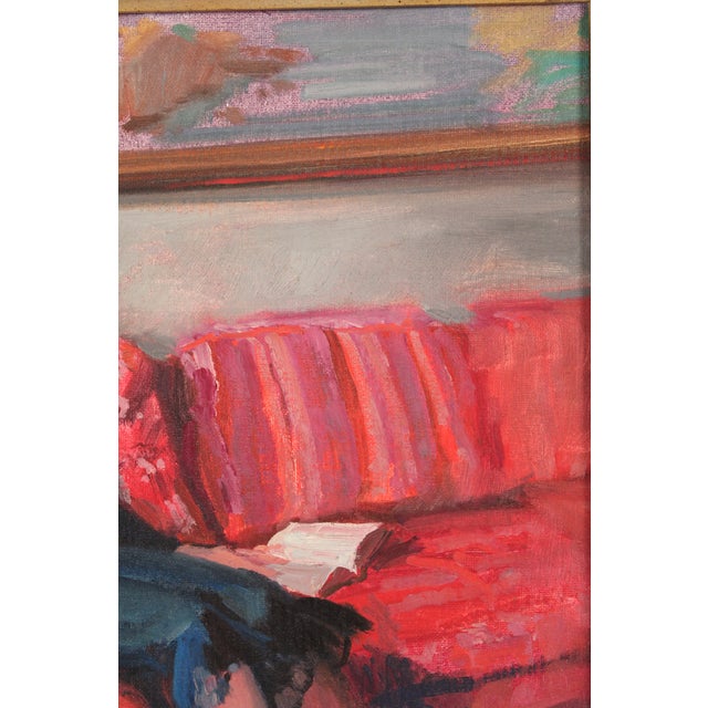 Interior Painting of a Blonde Girl on a Red Sofa by Donald Putt Putman (1926-2007) For Sale - Image 9 of 11