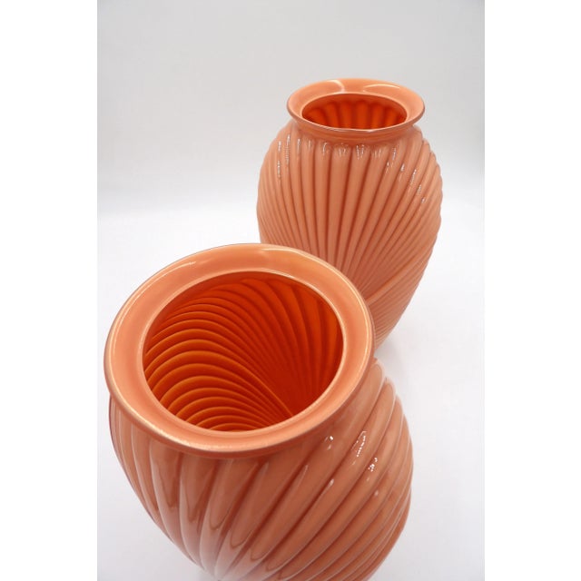 Peach Pair of 1980s Art Deco Revival Peach Draped Vases With Geometric Accents by Anchor Hocking For Sale - Image 8 of 10