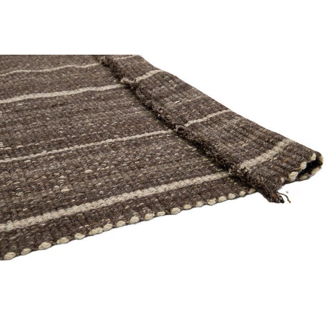 Organic Modern Flatweave Brown Wool Rug With Striped Design For Sale - Image 4 of 11