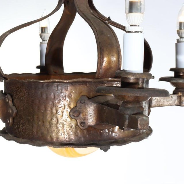 Arts & Crafts Antique Arts & Crafts Hammered Metal 4 Light Chandelier C1920 For Sale - Image 3 of 9