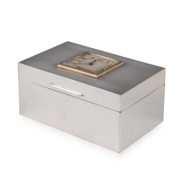 20th Century English Art Deco Solid Silver Cigarette Box with Clock, London, 1920s For Sale - Image 18 of 18