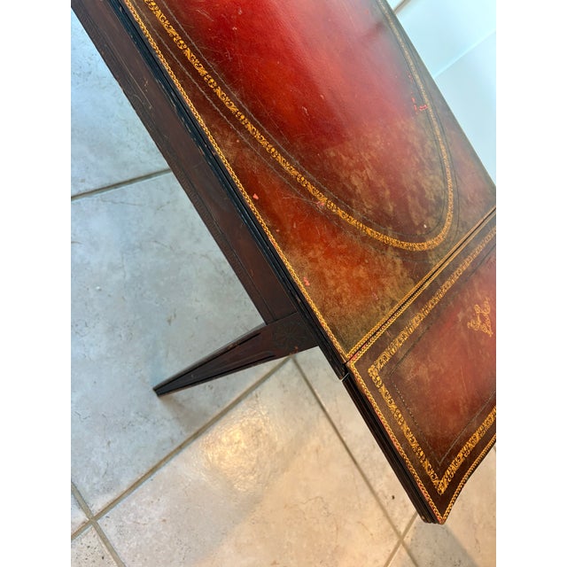 English Mid 20th Century English Regency Style Leather Top Drop Leaf Game Table With Tooled Gilt Decoration For Sale - Image 3 of 17