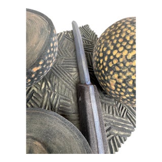 Vintage Hand Painted Terracotta Studio Sculpture of Melons & Cutting Knife on Board, Signed Gayle Fitchinger For Sale