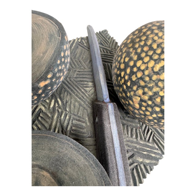 Vintage Hand Painted Terracotta Studio Sculpture of Melons & Cutting Knife on Board, Signed Gayle Fitchinger For Sale
