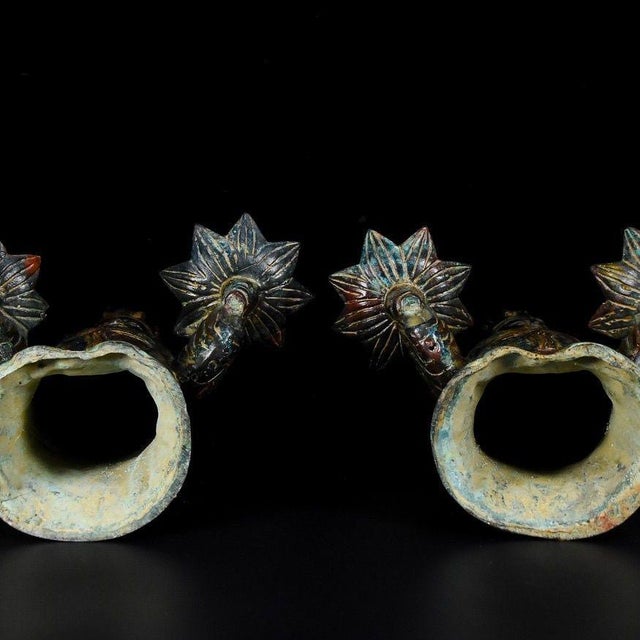 Metal Pair of Chinese Gilt Bronze Figural Lamp Holders - 13" Tall For Sale - Image 7 of 9