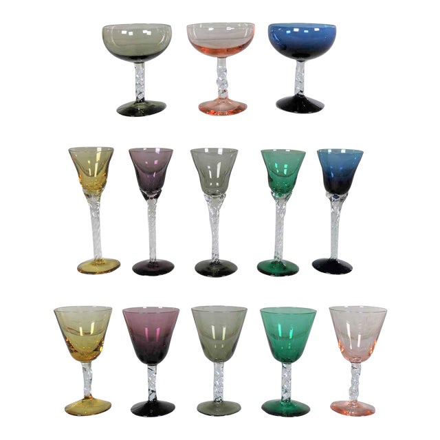Set of 13 Pieces Multi Color Stemware in Three Sizes With Twisted Clear