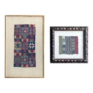 Antique Framed Pre-Columbian Textile Fragments Inca Culture Peru - Set of 2