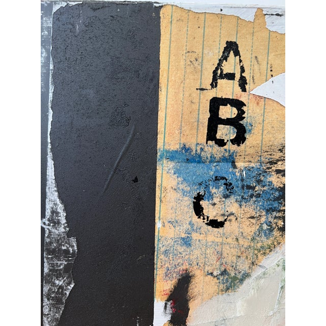 Red Door is a collage with torn papers, letters and a red abstract image depicting a doorway. The imagery overall depicts...