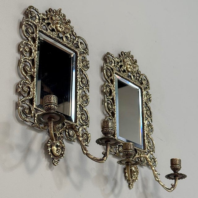 19th Century Italian Renaissance Cast Bronze Mirrored Wall Sconces - a Pair For Sale - Image 15 of 18