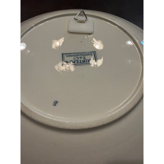 French Circa 1880's French Sarreguemines Printemps Teal Bird Transferware Wall Plate For Sale - Image 3 of 6