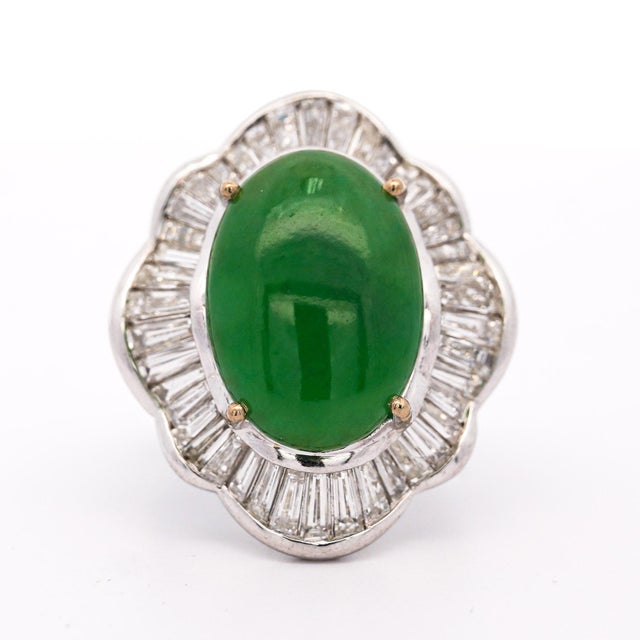Contemporary Gia Cert. 8 Carat Burma Jadeite Jade & Diamond 18k White Gold Ballerina Ring, Size 6.25 For Sale - Image 3 of 9
