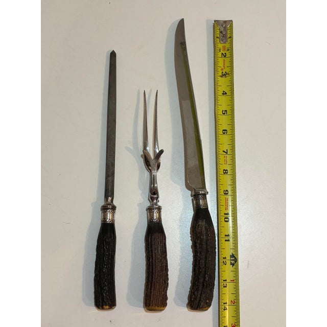 Metal Vintage Stag Antler Carving Set - English Sheffield W/ Sterling Silver Ferrules - 3 PCS For Sale - Image 7 of 11