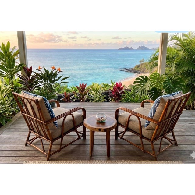 Vintage 1949, Stick reed and rattan lounge chair pair. Styled after “presidents” reed chairs. Refurbished , stained and...
